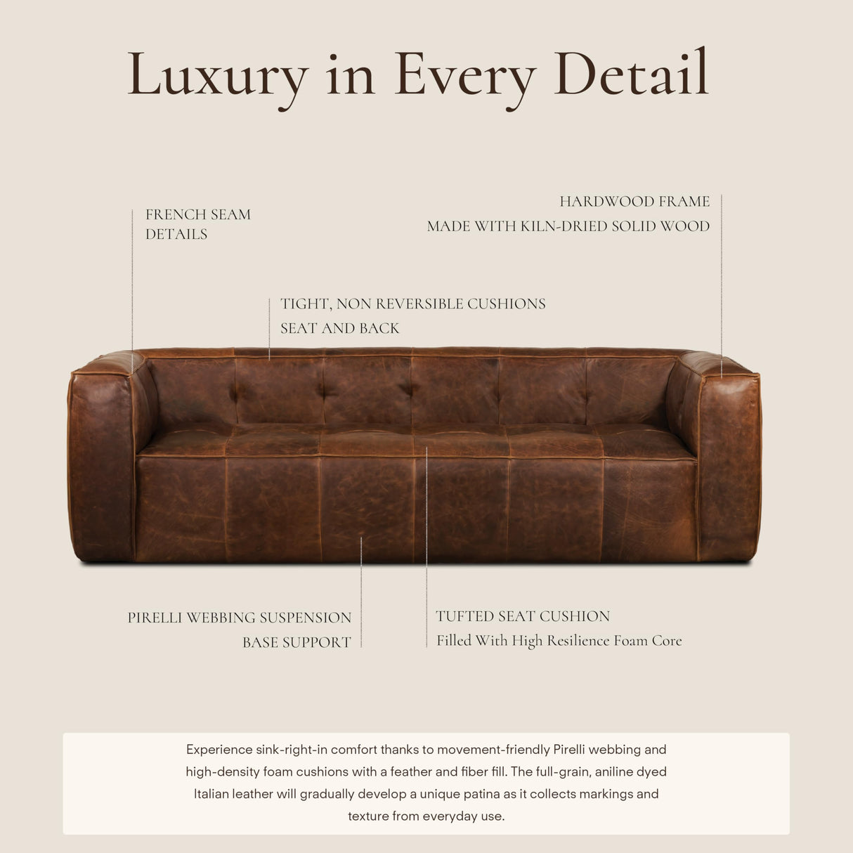 POLY & BARK Capa 92" Sofa – Chocolate Brown Full-Grain Pure-Aniline Italian Leather, Boxy Modern Design, Feather-Fiber Cushions, Solid Wood Frame POLY & BARK