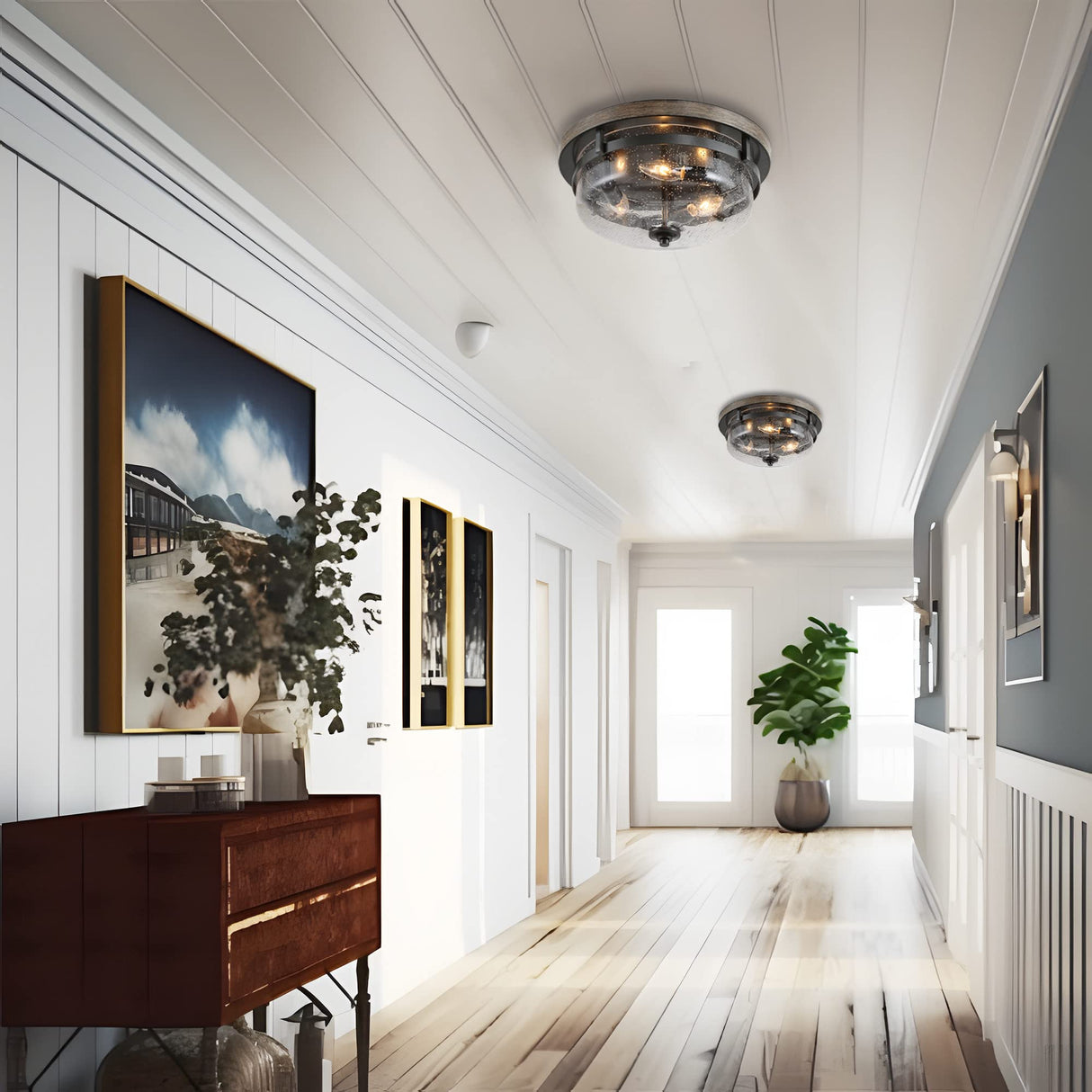 Farmhouse Flush Mount Ceiling Light Fixture with Seeded Glass Shade & Faux Wood Finish for Bedroom, Hallway, Kitchen, Dining & Living Room, Foyer and Bathroom GEPOW