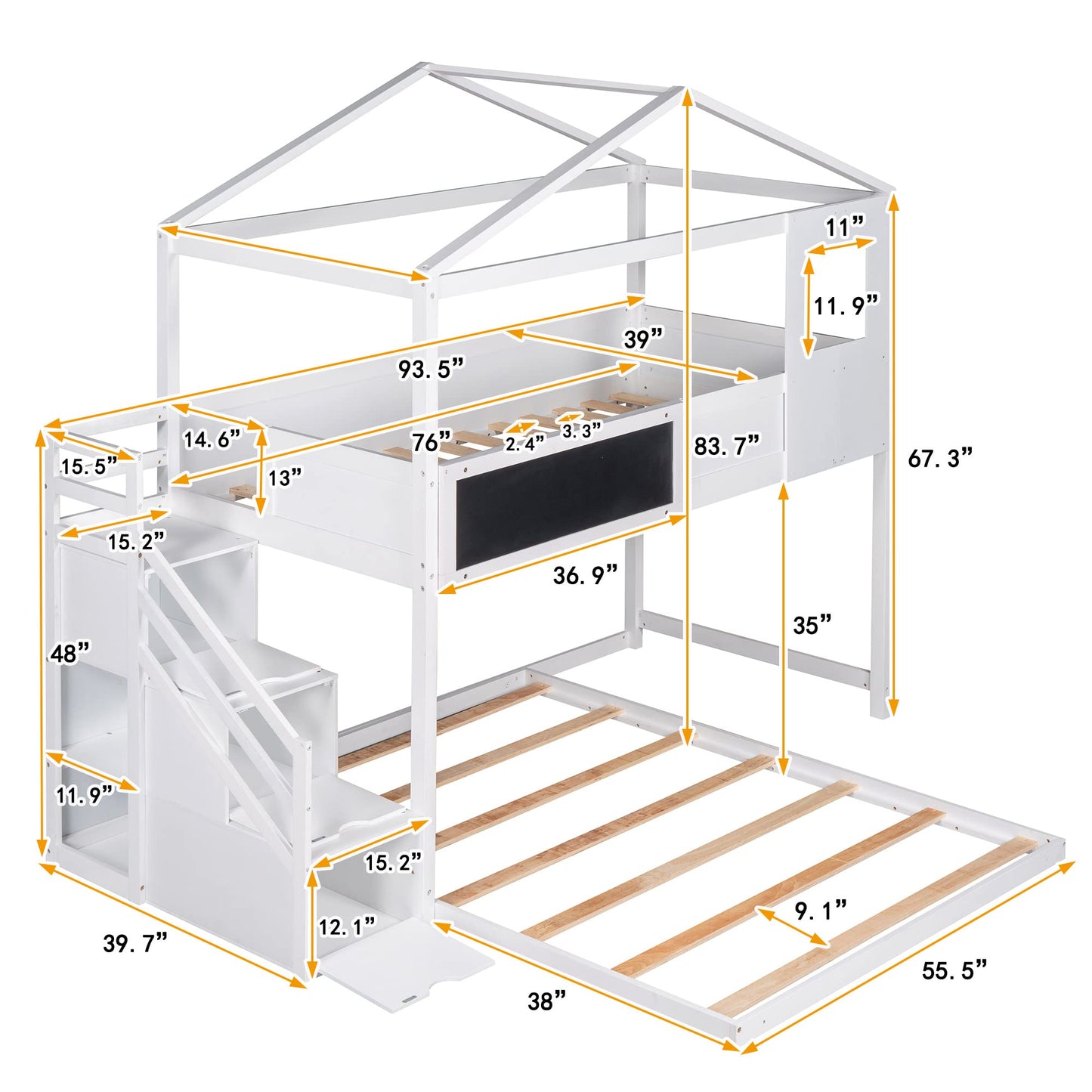 Twin Over Full House Bunk Bed with Storage Staircase & Blackboard, Wood Kids Bunk Bed with Roof and Guardrails, Playhouse Bunk Beds for Kids, Teens, Adults, No Box Spring Required (White)