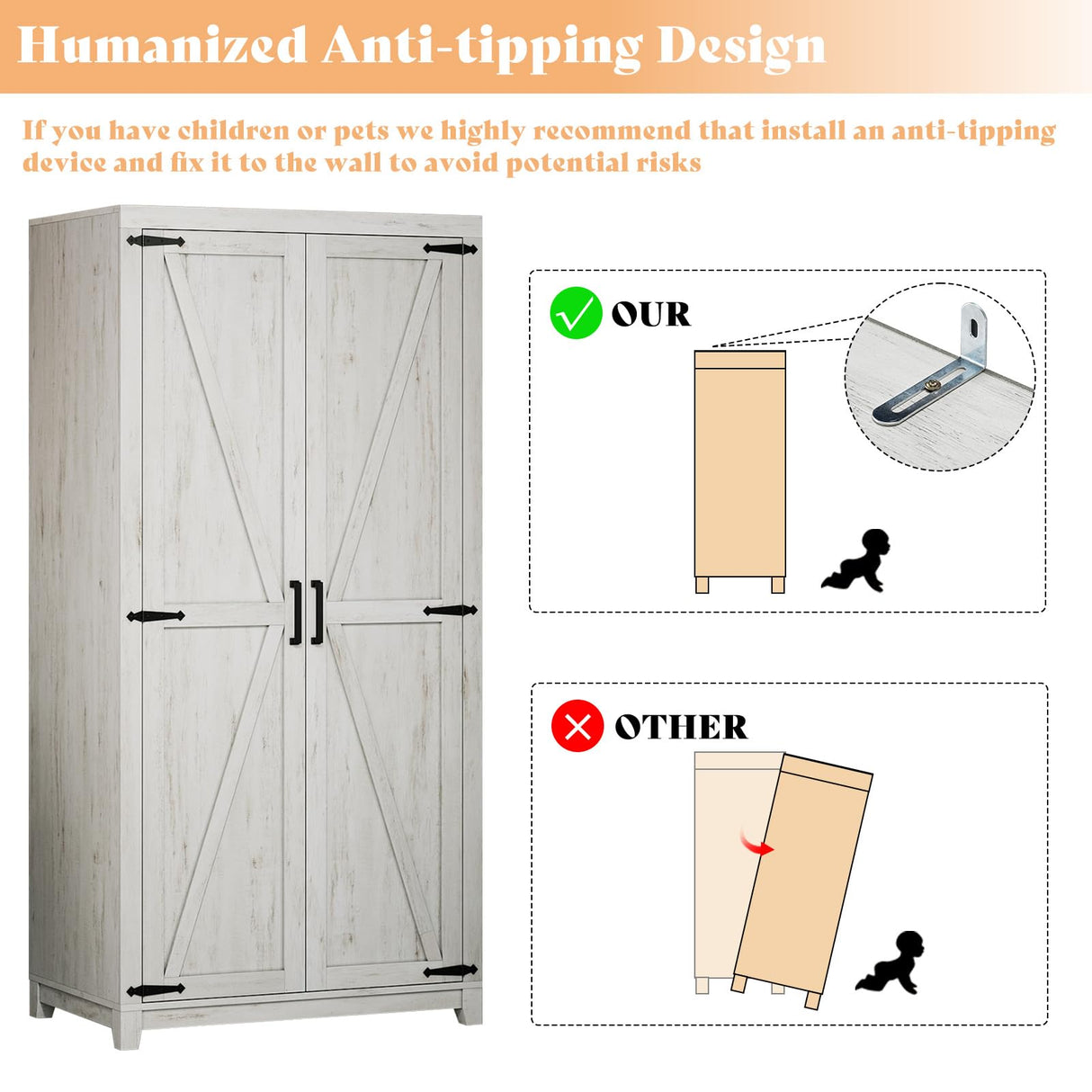 AMERLIFE Set of 2 Farmhouse Armoire Wardrobe Closet with 2 Barn Doors, 71'' Storage Cabinet with Shelf & Hanging Rod, Versatile Clothing Storage for Bedroom, Distressed White AMERLIFE