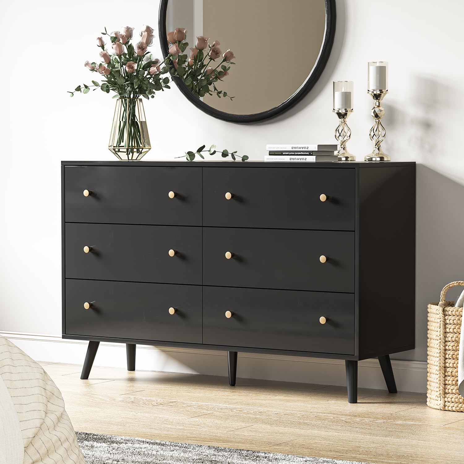 HOUROM Black Dresser, Modern 6 Drawer Double Dressers, Wood Chest of Drawers for Living Room, Hallway, Entryway - WoodArtSupply