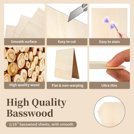 Balsa Wood Sheet, 5 Pack Plywood Sheets, Basswood Sheets 12 X 12 X 1/16 Inch, Unfinished Craft Wood, Thin Wood Boards for Laser Cutting, Engraving, Wood Burning, Crafts MOWPOG