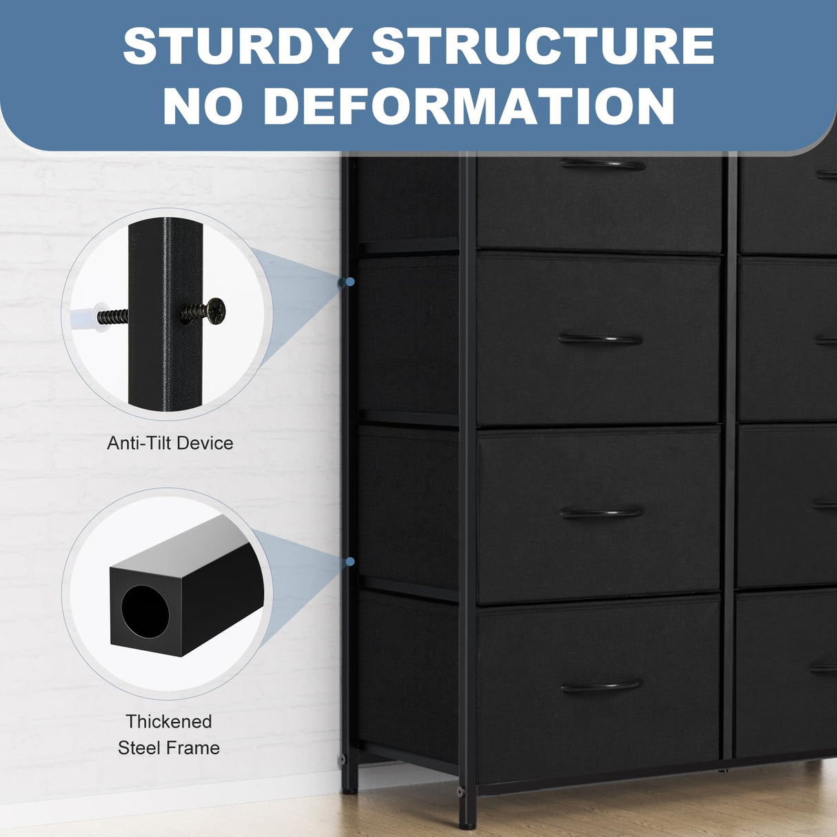 DUMOS 8 Drawer Dresser for Bedroom, Fabric Storage Organizer with Sturdy Metal Frame, Wooden Top Chest of Drawers for Closet Entryway Guest Room,Matte Black DUMOS