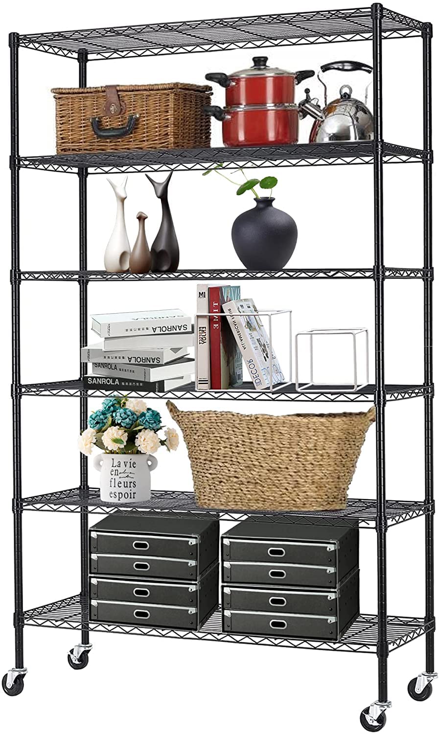 Commercial Wire Shelving Unit Metal Shelf Casters Adjustable Layer Rack Strong Steel for Restaurant Garage Pantry Kitchen Garage (48×18×72, Black) BestOffice