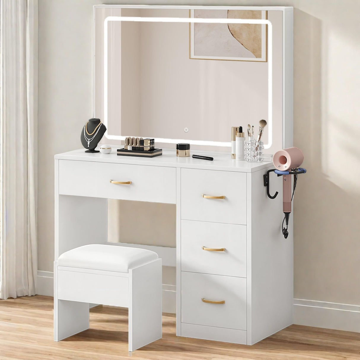 YITAHOME Vanity Desk with Large 35" Mirror and LED Lights, Makeup Vanity Set with 4 Drawers and Stool, Ample Storage & Power Strip, Brightness Adjustable, Dressing Table, Milk White YITAHOME
