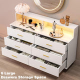 UNIQUITE 6 Drawers Dresser with LED Light and Power Outlet, Wood White Dressers for Bedroom & Chests of Drawers, Large Double Dressers for Bedroom, Living Room, Entryway, Hallway UNIQUITE