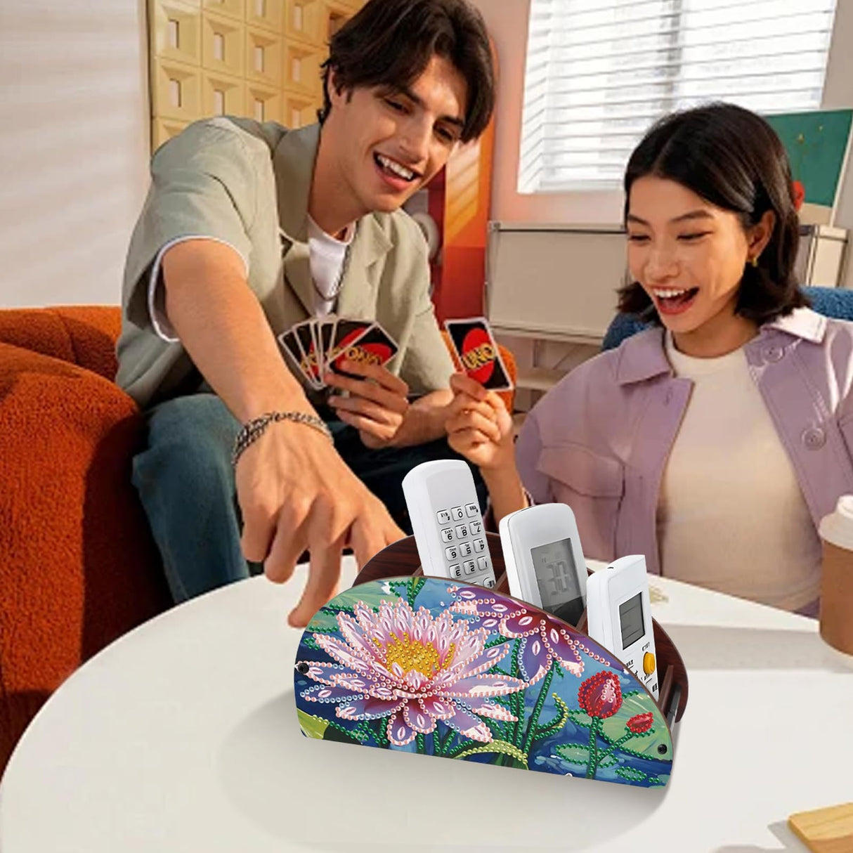 DIY Diamond Painting Remote Control Holder – Blooming Pink Lotus Design with Blue Water Background, Diamond Art Decorative Organizer Box for TV/AC Remotes, Makeup Brushes, Desk Supplies AiYuanzsh