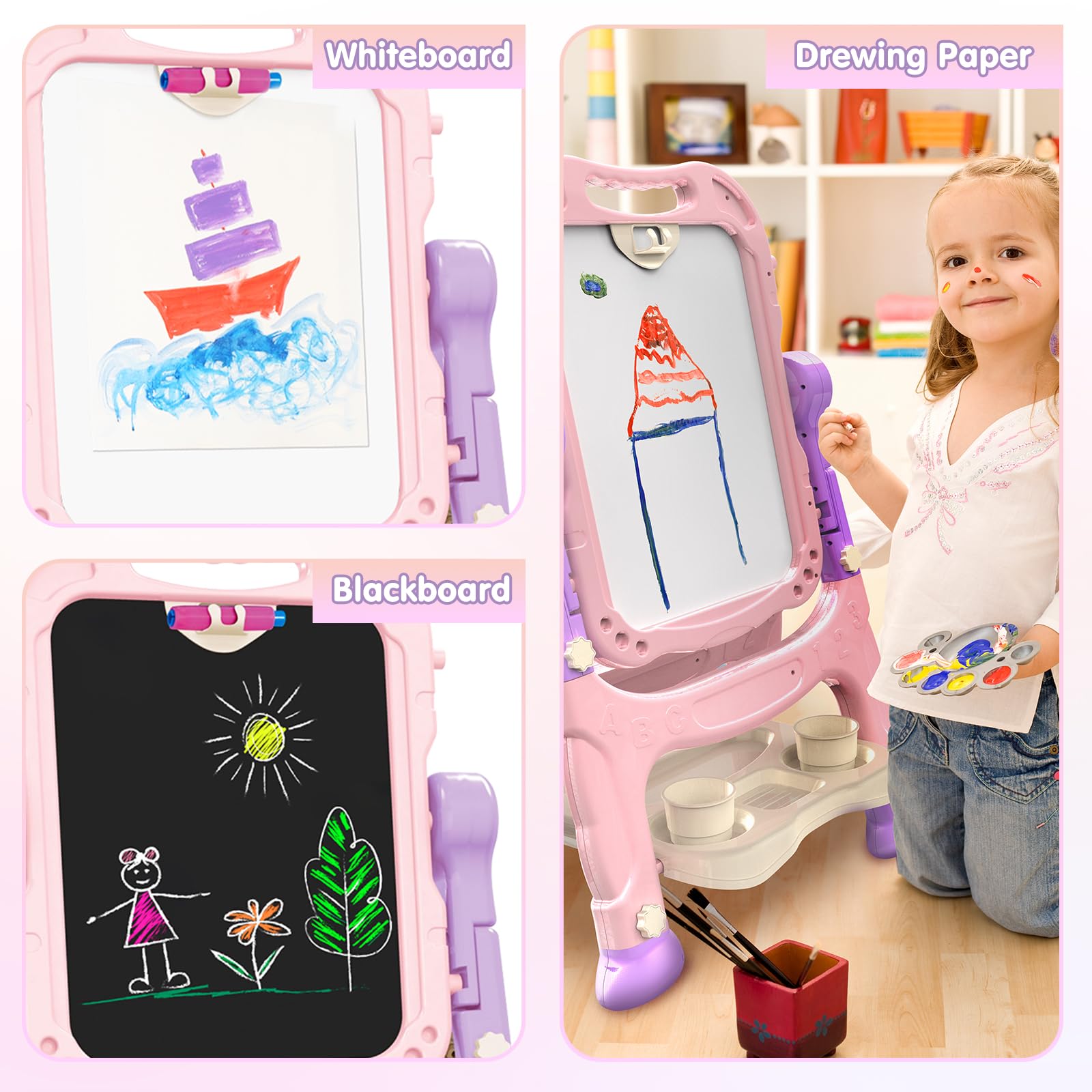 Easel for Kid, Double Sided Kids Art Easel with Magnetic Chalkboard & White Board, Adjustable Standing Painting Drawing Board for Toddler, Education Gift Toy for Boy Girls Age 3, 4, 5 (Pink+P - WoodArtSupply