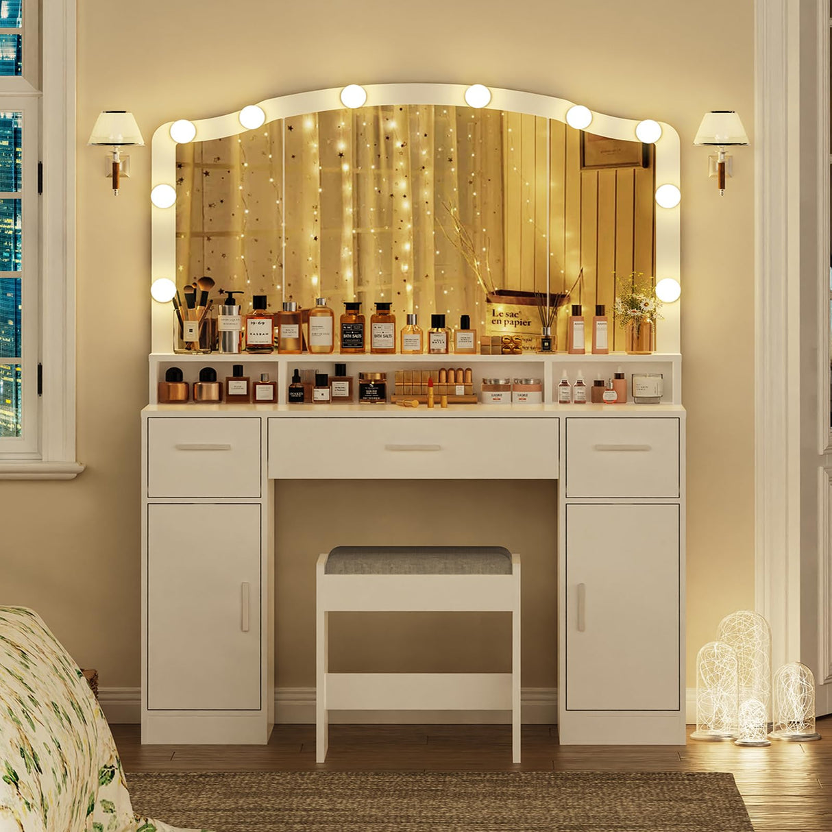 usikey Makeup Vanity with Lights, Vanity Desk, Makeup Vanity Table with 3 Drawers, 2 Cabinets & Long Storage Shelf, 10 Led Lights, Dressing Vanity Table with Stool, for Women, Girls, Bedroom, White usikey