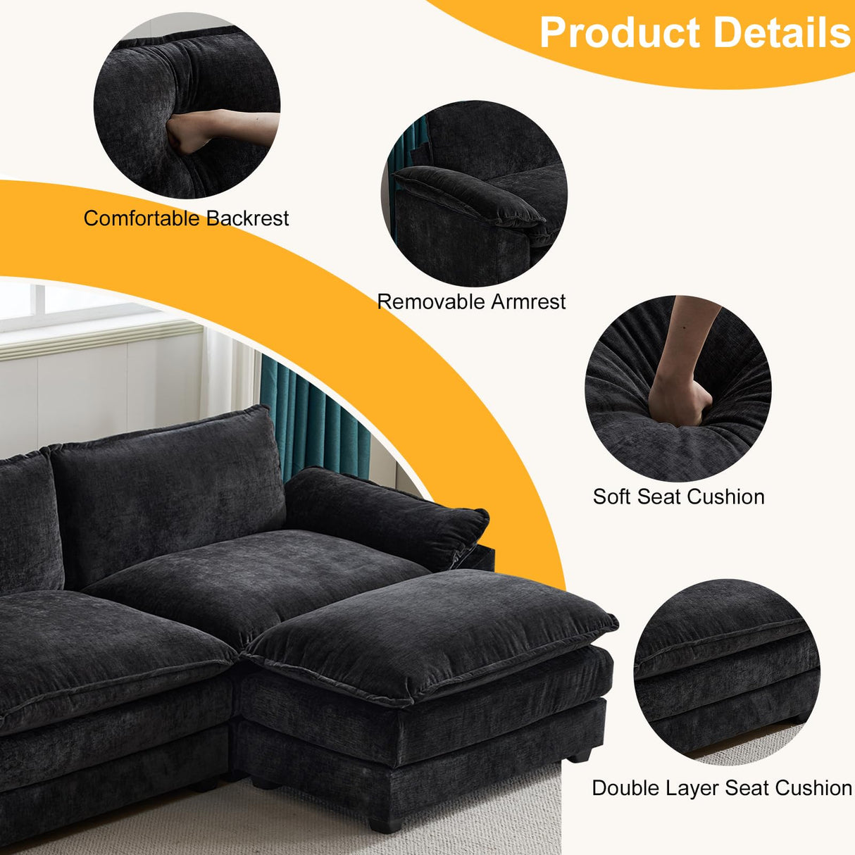 Karl home Sectional Sofa Modular Deep Seat Sofa Couch with Ottoman, Chenille Sofa Sleeper Comfy Upholstered Furniture for Living Room, Apartment, Studio, Office, (3-Seat & 1-Ottoman, Black) Karl home