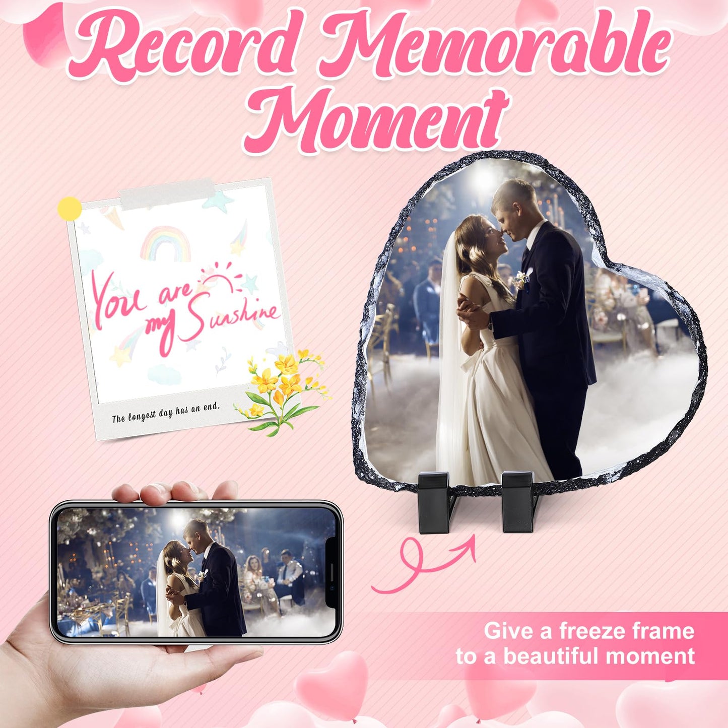 Seajan 18 Pieces Sublimation Slate Blanks Heart Shaped Stone Customized Memorial Frame with Display Stands 5.9 x 5.9 Inch Rock Sublimation Plaque Blank Personalized Picture Frame for Heat Transfer