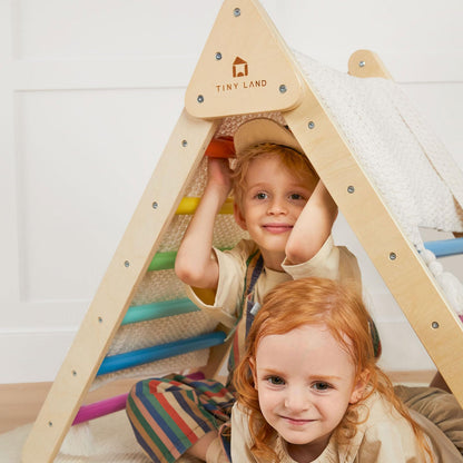 Tiny Land Pikler Triangle Set, 7-in-1 Foldable Pikler Triangle Climbing Toys Set for Kids,Rainbow Climbing Set,Baby Indoor Playground Jungle Gym, Wooden Montessori Climbing Set for Toddler