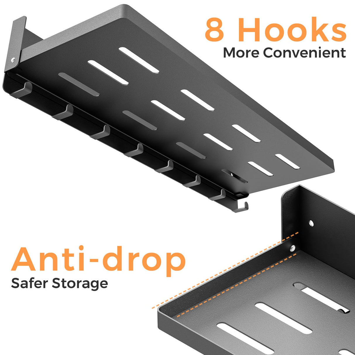 SKIKEN Folding Metal Shelf with Hooks, Wall Mounted Laundry Room Shelf, 8 Hooks & 90° Fold Up, Fold-Down for Rv, Bathroom, Kitchen, Garage, Space Saving, Small Space, Black（17.0", 1 Pack） SKIKEN