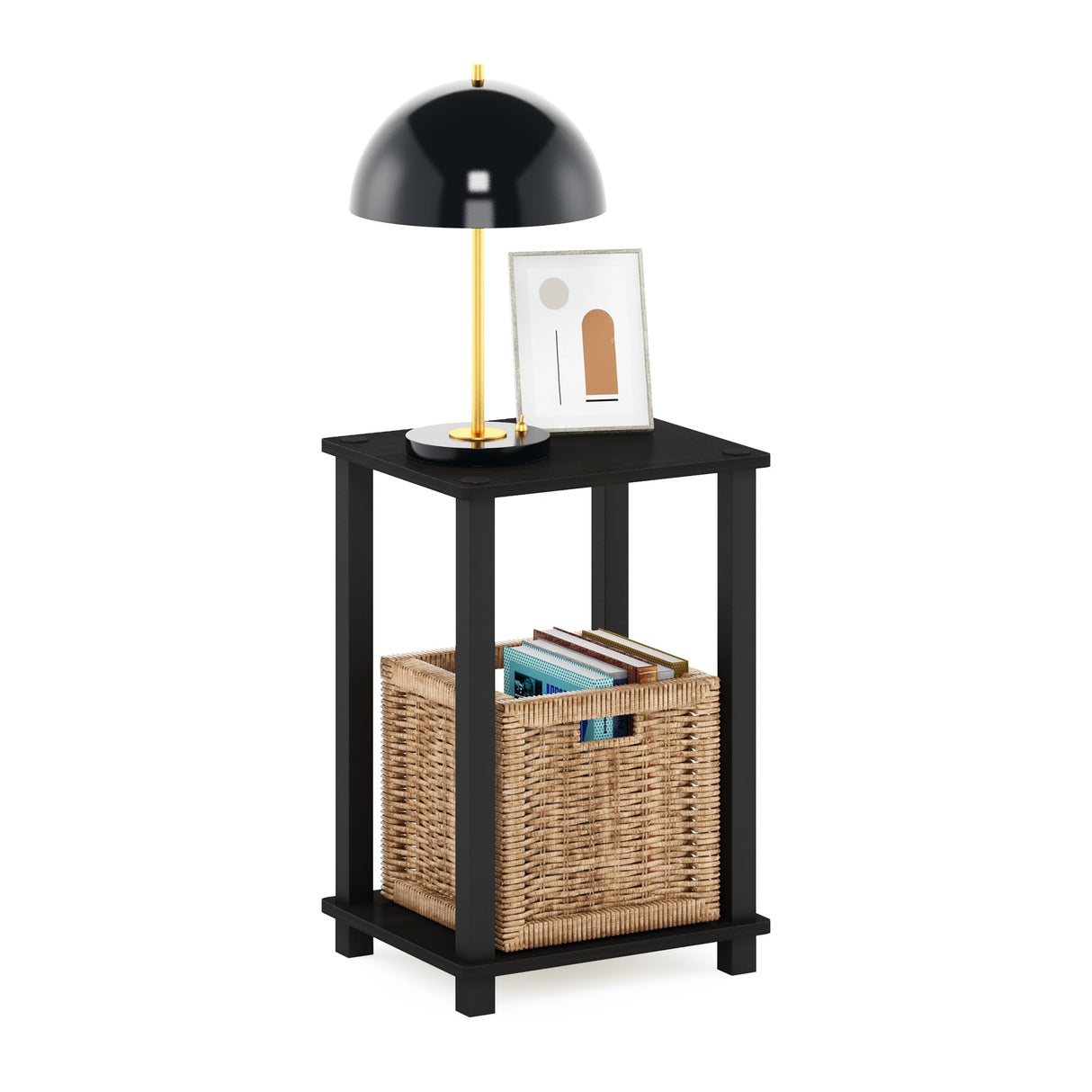 Furinno Simplistic 1-Tier End Side Night Stand/Bedside Table with Plastic Poles, Espresso/Black Furinno