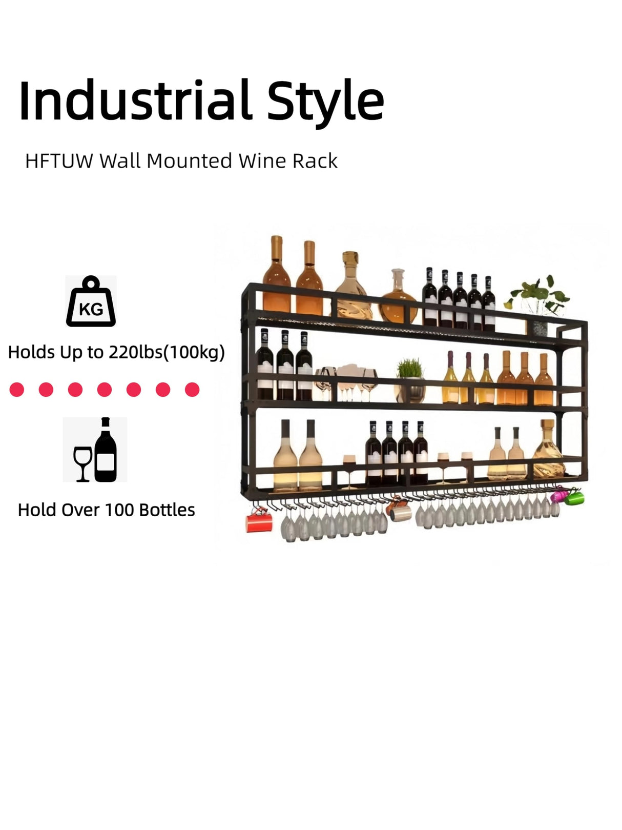 HFTUW 3-Tier Wall Mounted Wine Rack with LED Light, Stylish Wall Bar Shelves for Liquor Bottles & Hanging Glasses, Bar Shelves Wall Mounted for Kitchen, Dining Room & Home Bar(Black, 120cm/47in) HFTUW