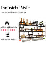 HFTUW 3-Tier Wall Mounted Wine Rack with LED Light, Stylish Wall Bar Shelves for Liquor Bottles & Hanging Glasses, Bar Shelves Wall Mounted for Kitchen, Dining Room & Home Bar(Black, 120cm/47in) HFTUW