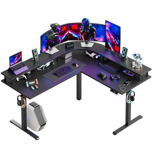 Bestier 63 Inch Large L Shaped Standing Desk Adjustable Height, Gaming Electric Stand Up Desk with Monitor Stand, Dual Motors Rising Gaming Desk with 2 Headphone Hooks(Black 3D Carbon Fiber) - WoodArtSupply