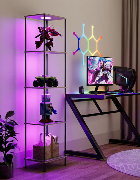 Display Shelf with RGBW Light, Color Changing Curio Cabinet Floor Lamp with Shelves Corner Standing Column Lamp Etagere Organizer Tower Nightstand Bookcase for Living Room Bedroom Office Décor, Gray PARTPHONER