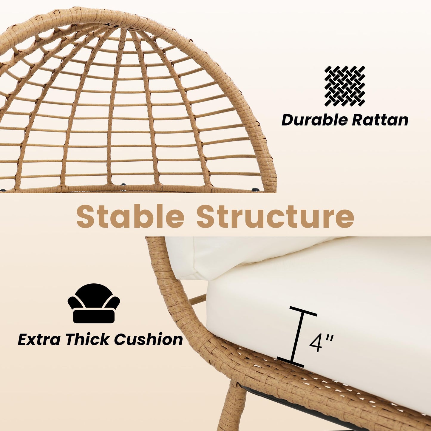 Murago Rattan Egg Chair for Children, Indoor Large Wicker Egg Chair, Outdoor Patio Rattan Egg Chair with Overstuffed Cushions, Natural Rattan with Beige Cushion