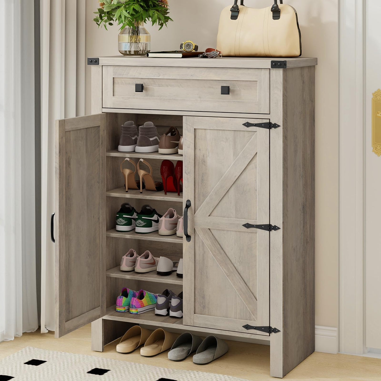 Halitaa Shoe Cabinet, Farmhouse Shoe Storage Organizer, Shoe Storage Cabinet with Doors & Drawer, Boots High-Shoe Cabinet Organizer for Entryway Living Room Hallway, Grey Halitaa