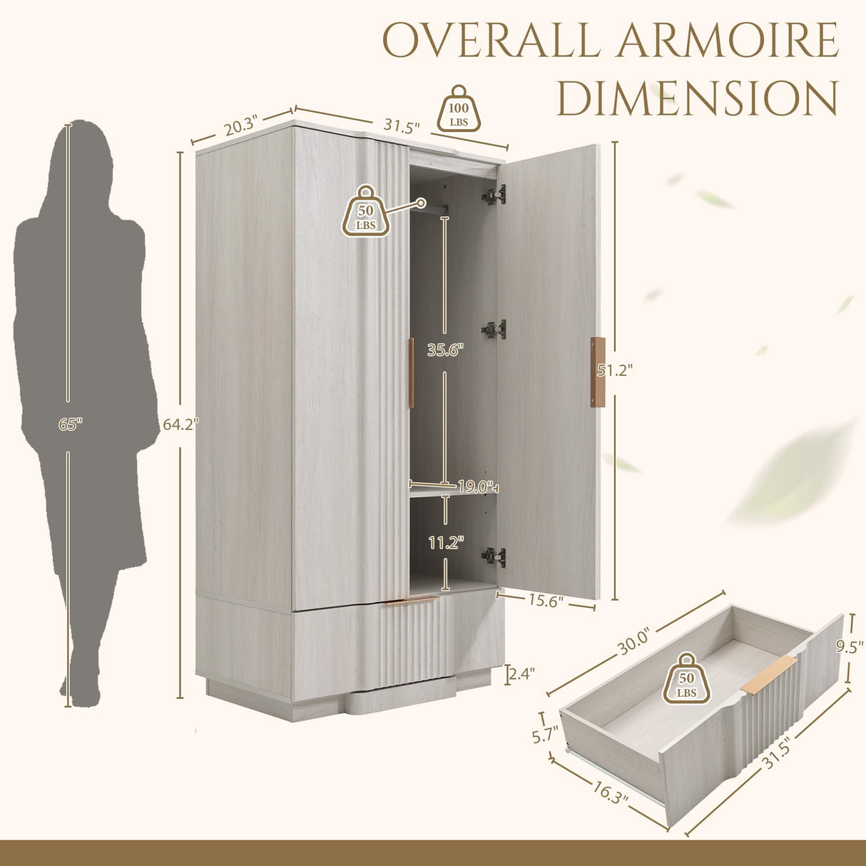 Yechen 64" Fluted Armoire Wardrobe Closet with Doors and Drawer, Wooden Wardrobe Cabinet with Adjustable Shelve, Modern Small Armoires for Hanging Clothes Coats for Bedroom, White Grey Yechen