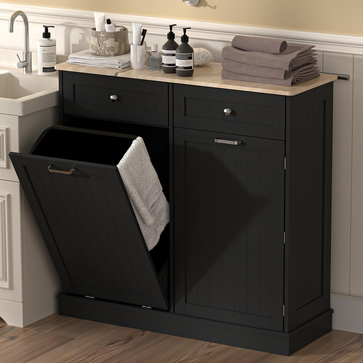 AHB 13 Gallon Tilt Out Trash Bin Cabinet with 2 Drawers, Adjustable Shelves,Kitchen Storage Cabinet with Garbage Bin Tilt Out Laundry Hamper for Kitchen, Black AHB