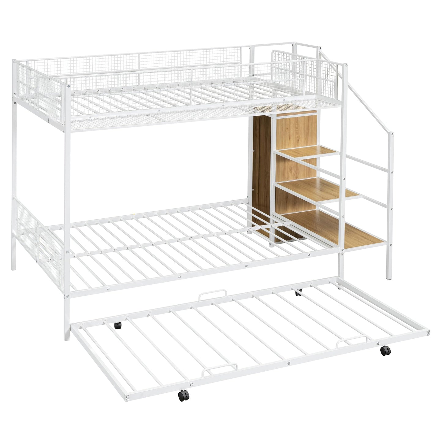 Harper & Bright Designs Twin Over Full Bunk Bed with Trundle, Stairs and Wardrobe, Metal Bunk Bed with Wire Shelving and Lateral Storage Ladder for Bedroom, Dorm (White)