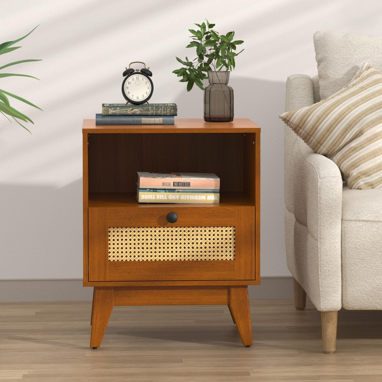 Ryvorbe Modern Rattan Nightstand Wood Side Table with Natural Rattan Drawer- Boho Nightstand with Solid Wood Legs for Bedroom, Living Room and Small Spaces Ryvorbe