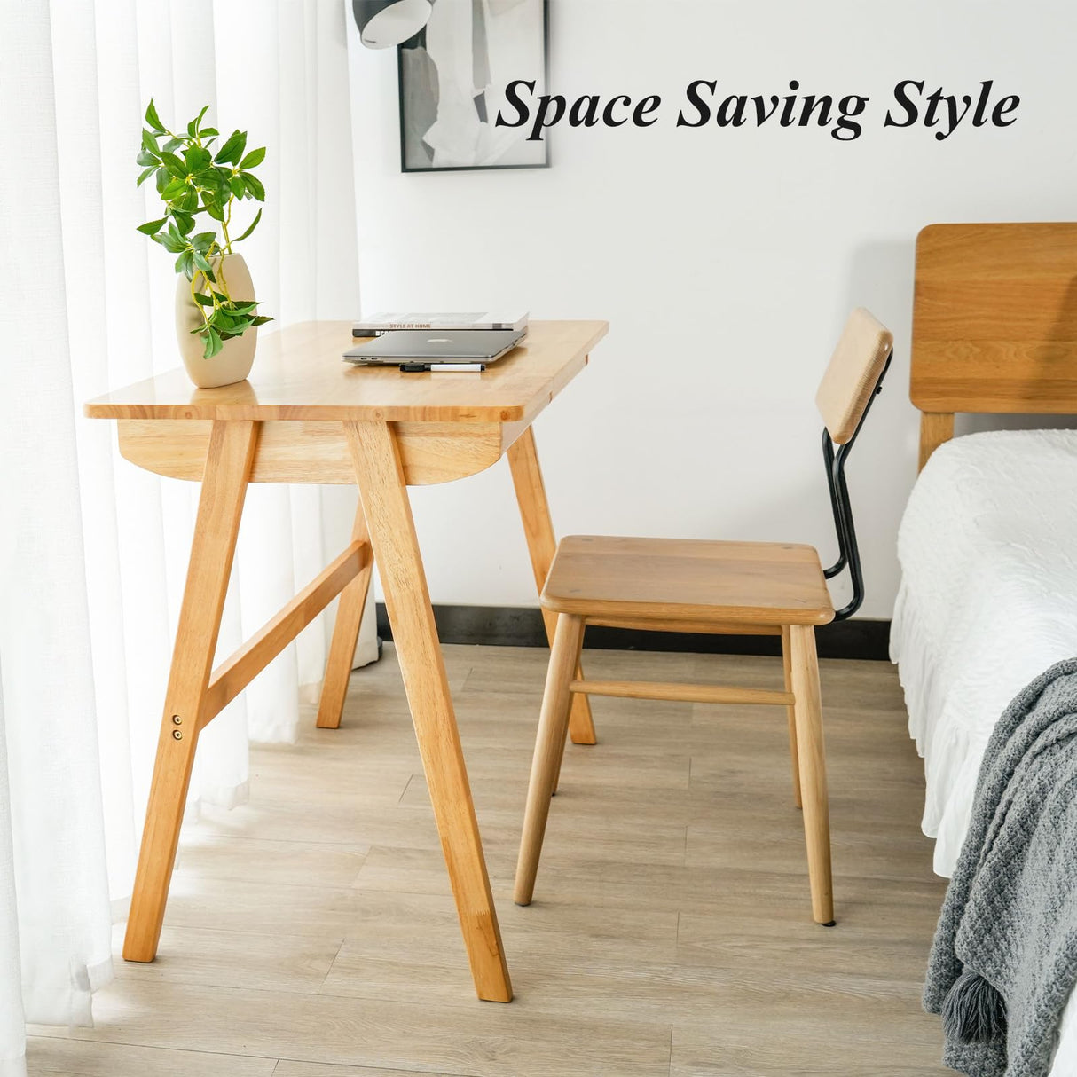 Cttasty Computer Desk with Drawers, Solid Wood Writing Desk, Mid Century Modern Home Office Desks, Oak Study Table, Small Desk for Bedroom, 29.1 H x 39.4 W x 21.7 D Inches, Natural Cttasty