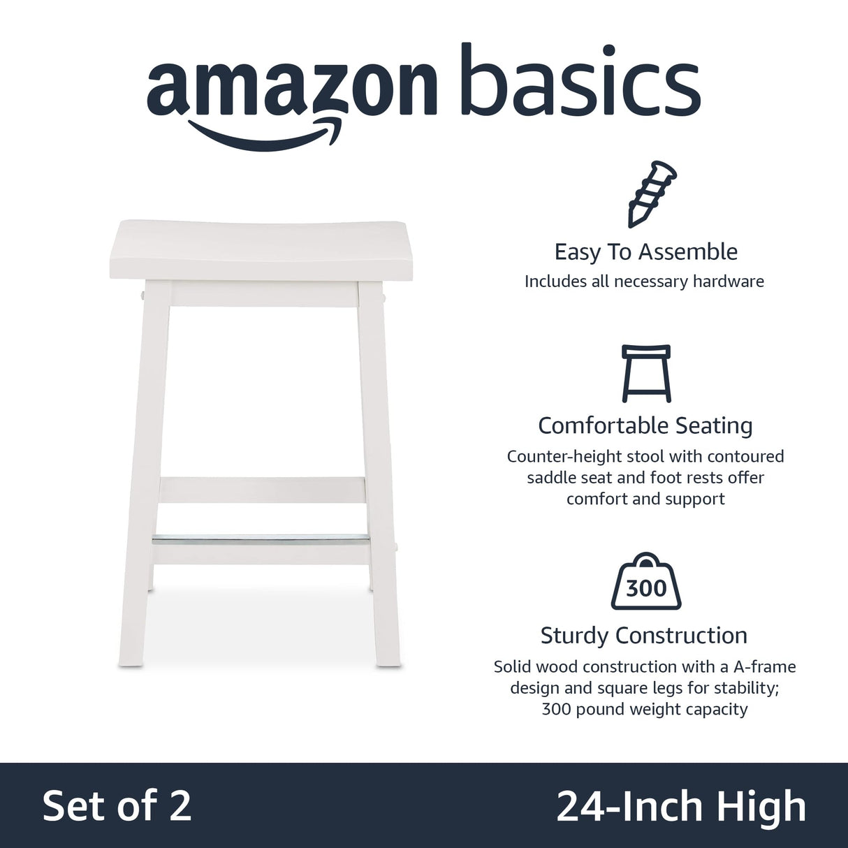Amazon Basics Solid Wood Saddle-Seat Kitchen Counter Barstool with Footrest, Easy Assembly - 24-Inch Height - White - Set of 2 Amazon Basics