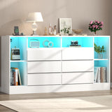 Loomie 6 Drawers Dresser with 6 Open Storage Cubbies, LED Dressers & Chests of Drawers with Power Outlet, 55" Wide Long Dresser for Bedroom, TV Stand with Open Shelf for Living Room (White) Loomie