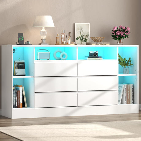 Loomie 6 Drawers Dresser with 6 Open Storage Cubbies, LED Dressers & Chests of Drawers with Power Outlet, 55" Wide Long Dresser for Bedroom, TV Stand with Open Shelf for Living Room (White) Loomie