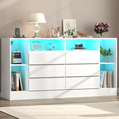 Loomie 6 Drawers Dresser with 6 Open Storage Cubbies, LED Dressers & Chests of Drawers with Power Outlet, 55" Wide Long Dresser for Bedroom, TV Stand with Open Shelf for Living Room (White)