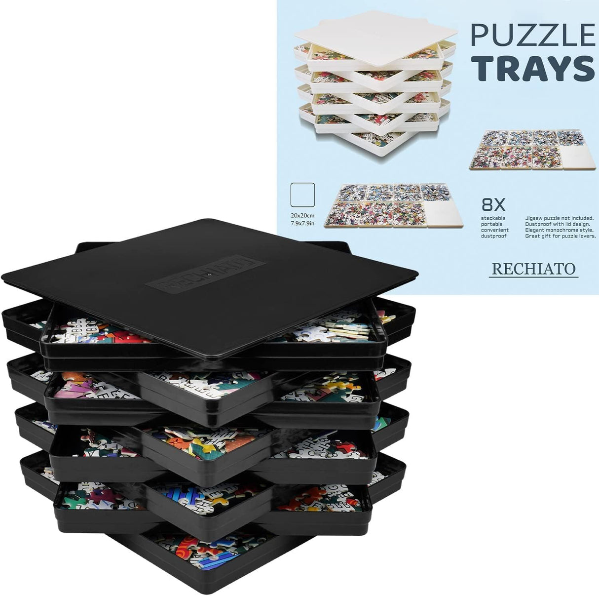 8 Sorting Trays for Jigsaw Puzzles - Fit Up to 2000 Pieces, 8"X8" Accessories, Stacking Trays - Gift for Puzzlers (Black) WISHDIAM