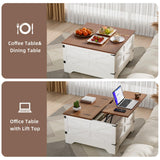 Farmhouse Coffee Table with Storage, Square Lift Top Coffee Table with LED light for Living Room,Small Modern Center Table with Wood Top and Barn Door for Small Space Bedroom Home Office(White Walnut) HAIOOU