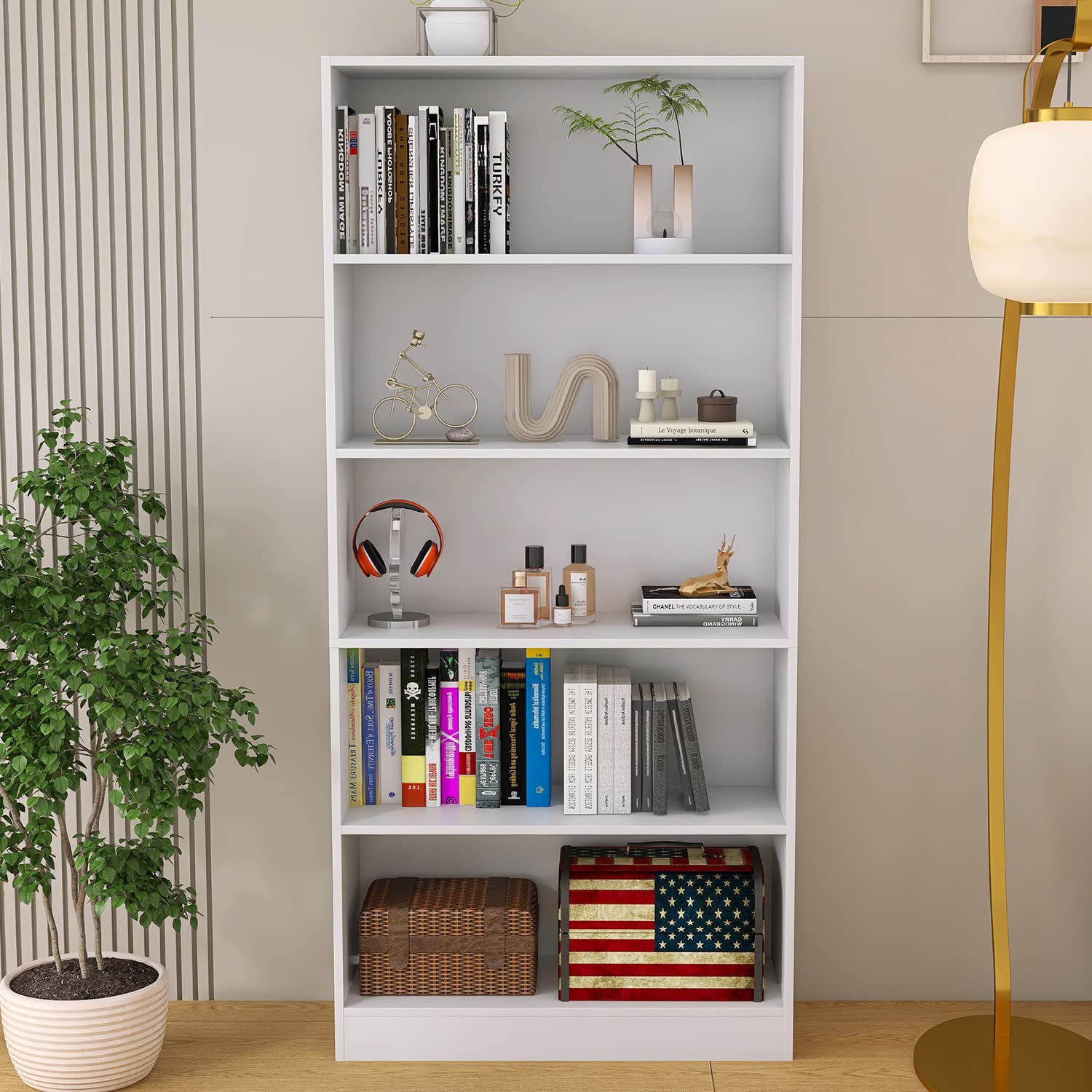 Stylish 5-Tier Floor Standing Bookshelf by LZ-DONGMAN in White - WoodArtSupply