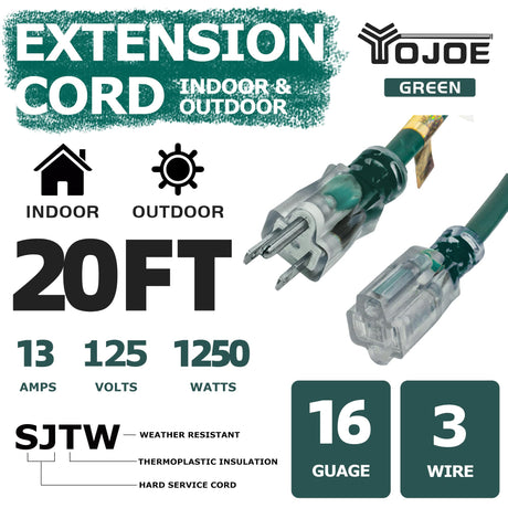 YOJOE 20 Foot Green Outdoor Lighted Extension Cord - 16/3 SJTW Extension Cable with 3 Prong Grounded Plug - 16 Gauge Extension Cord for Garden, Lawn, Yard Decorations Outdoor - UL Listed yojoe