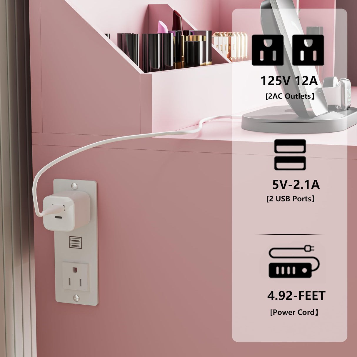 Thacuok Small Vanity Desk with Mirror and Lights,Makeup Table with Charging Station & RGB Storage Cabinet,Large Drawer & Storage Shelves,Girls Vanity,Bedroom Dressing Table,Pink Thacuok