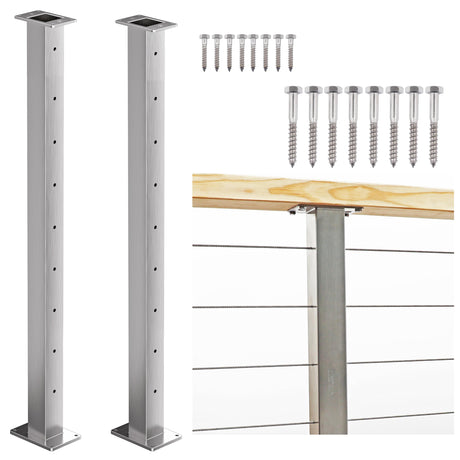 Deck Man 2 Pack Stainless Steel Cable Railing Posts 36inch Level Line Intermediate Post(2×2") for Deck Cable Railing System (Silvery, 36IN) Deck Man