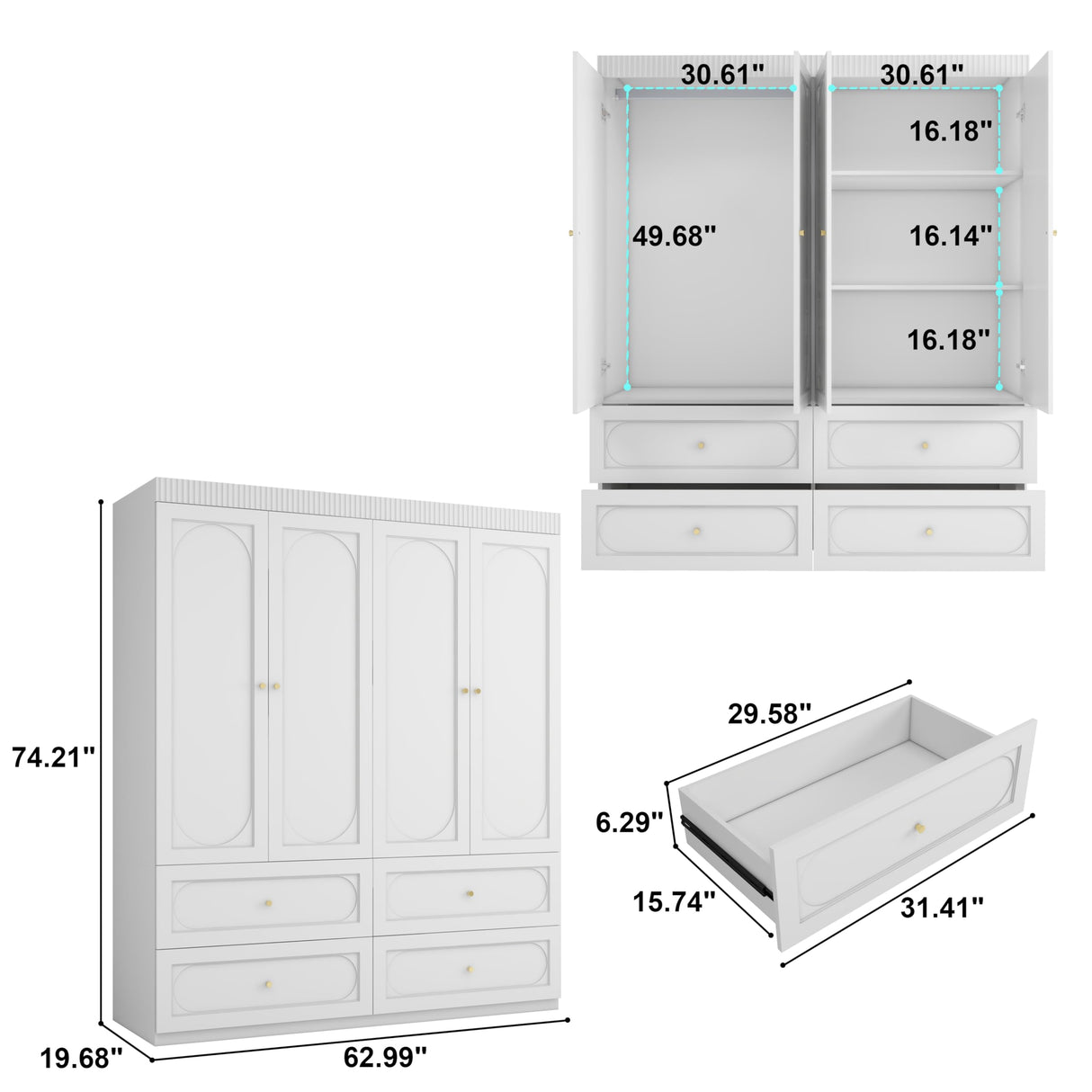 Mhsatyrs White Armoire Wardrobe Closet: 74" Tall Wardrobe Closet with 4 Doors, Wood Large Armoire with 4 Drawers, Modern Bedroom Armoires with Hanging Rod (White) Mhsatyrs