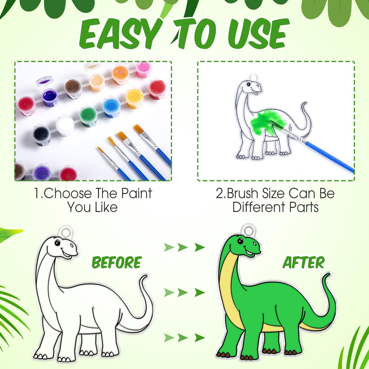 Cholemy 24 Sets Dinosaurs Sun Catcher Kit Include Suncatcher Craft with Paints Suction Cups Fishing Thread, Dinosaurs DIY Window Art Kit Paintable Suncatchers Decorations for Gifts Cholemy