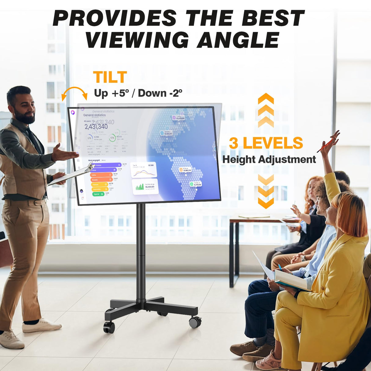 5Rcom Rolling TV Stand, Movable TV Stand with Apple TV/Roku Ultra Mount for 23-60 Inch TVs, Tilt/Height Adjustable Mobile TV Cart with Wheels Holds up to 88 lbs for Home Office, MAX VESA 400x400mm 5Rcom