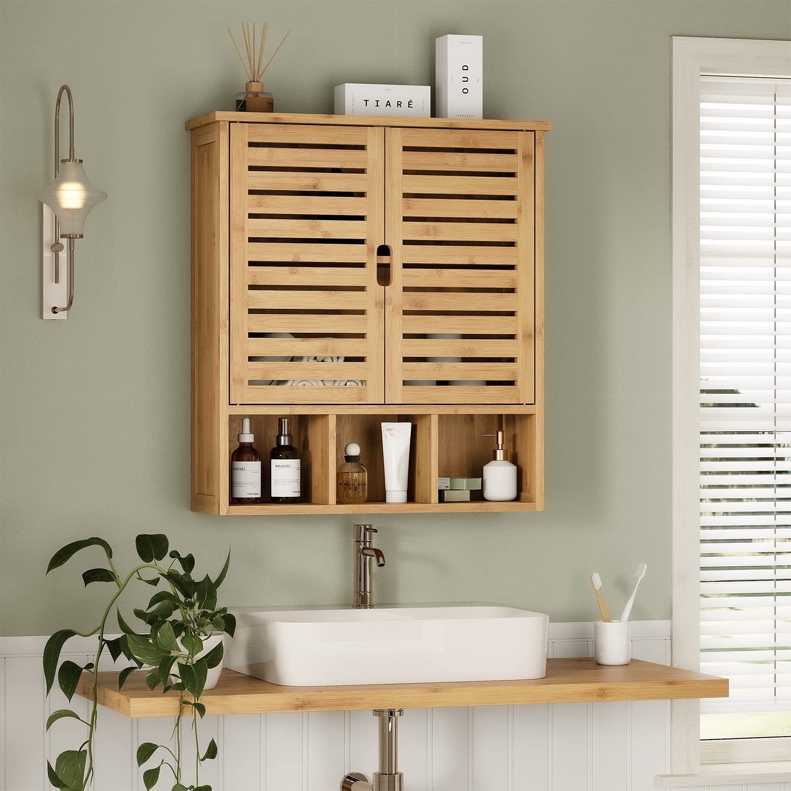 FORABAMB Bathroom Wall Storage Cabinet, Bamboo Medicine Cabinet with Doors and Adjustable Shelves, Bathroom Medicine Cabinet Wall Mount, Wall Mounted Over-The-Toilet Storage Cabinet - WoodArtSupply