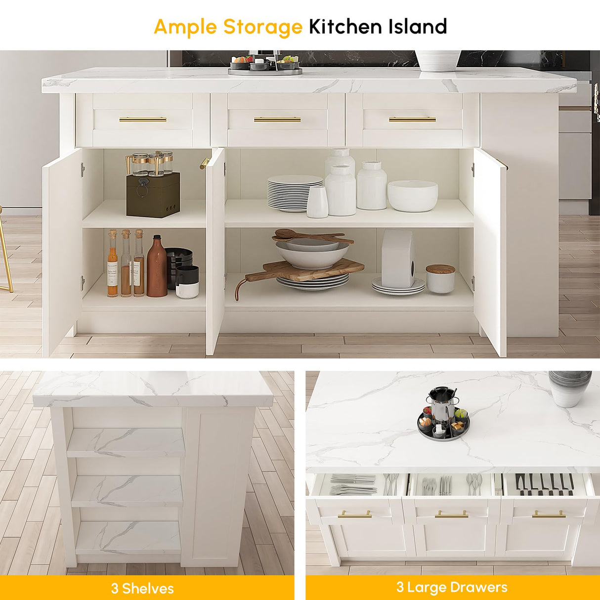 homary 72'' Kitchen Islands with Storage Modern White Kitchen Table with Seating & 3 Drawers Dining Table homary