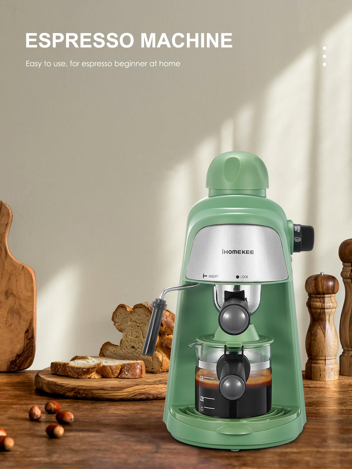 Ihomekee Espresso Machine, 3.5Bar Espresso and Cappuccino Machine with Fast Heating Function, 1-4 Cups Coffee Maker with Milk Frothing Function and Steam Wand (Green) Ihomekee