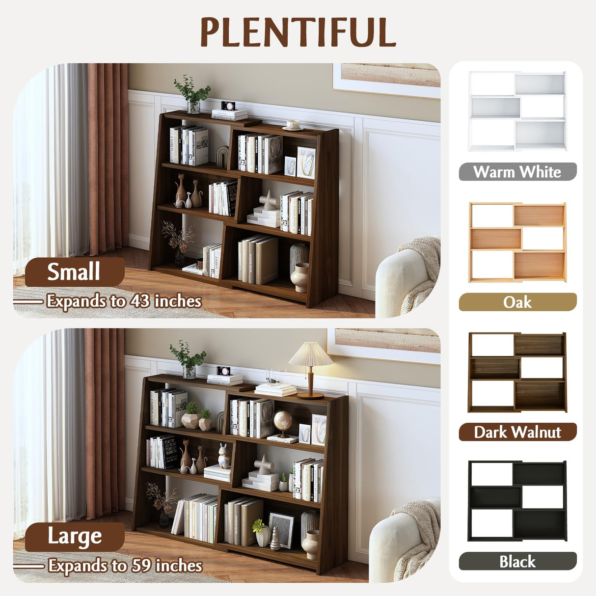 IOTXY Wooden Extendable Shelf Bookcase - 3-Tier Ladder Low Short Bookshelf for Small Space or Corner, Dark Walnut, L IOTXY