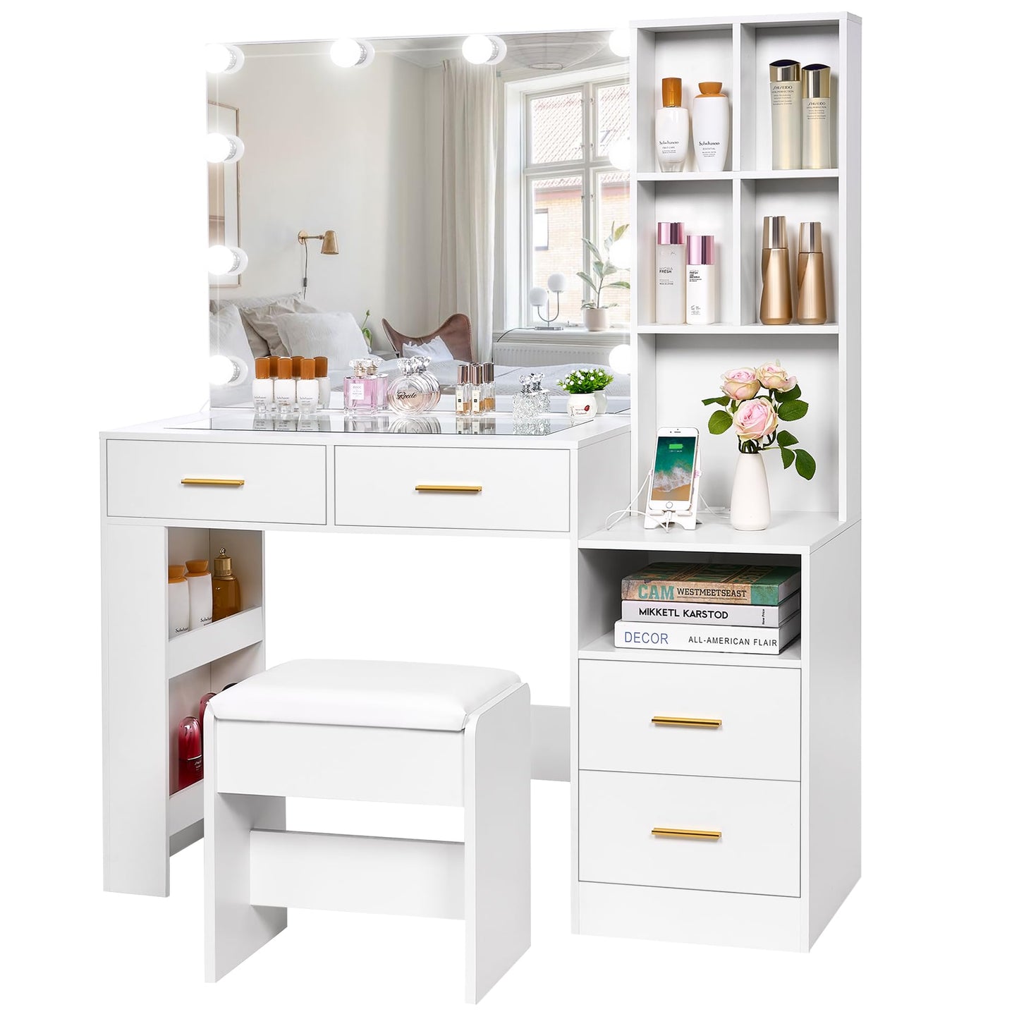 BEWISHOME White Vanity Desk with Mirror and Lights,Vanity with Glass Top,Makeup Vanity Set Makeup Desk Dressing Table,Vanity Table with Charging Station,Drawers,Nightstand,Makeup Table Vanity - WoodArtSupply