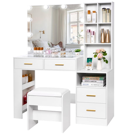 BEWISHOME White Vanity Desk with Mirror and Lights,Vanity with Glass Top,Makeup Vanity Set Makeup Desk Dressing Table,Vanity Table with Charging Station,Drawers,Nightstand,Makeup Table Vanity FST28W BEWISHOME