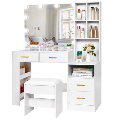 BEWISHOME White Vanity Desk with Mirror and Lights,Vanity with Glass Top,Makeup Vanity Set Makeup Desk Dressing Table,Vanity Table with Charging Station,Drawers,Nightstand,Makeup Table Vanity FST28W