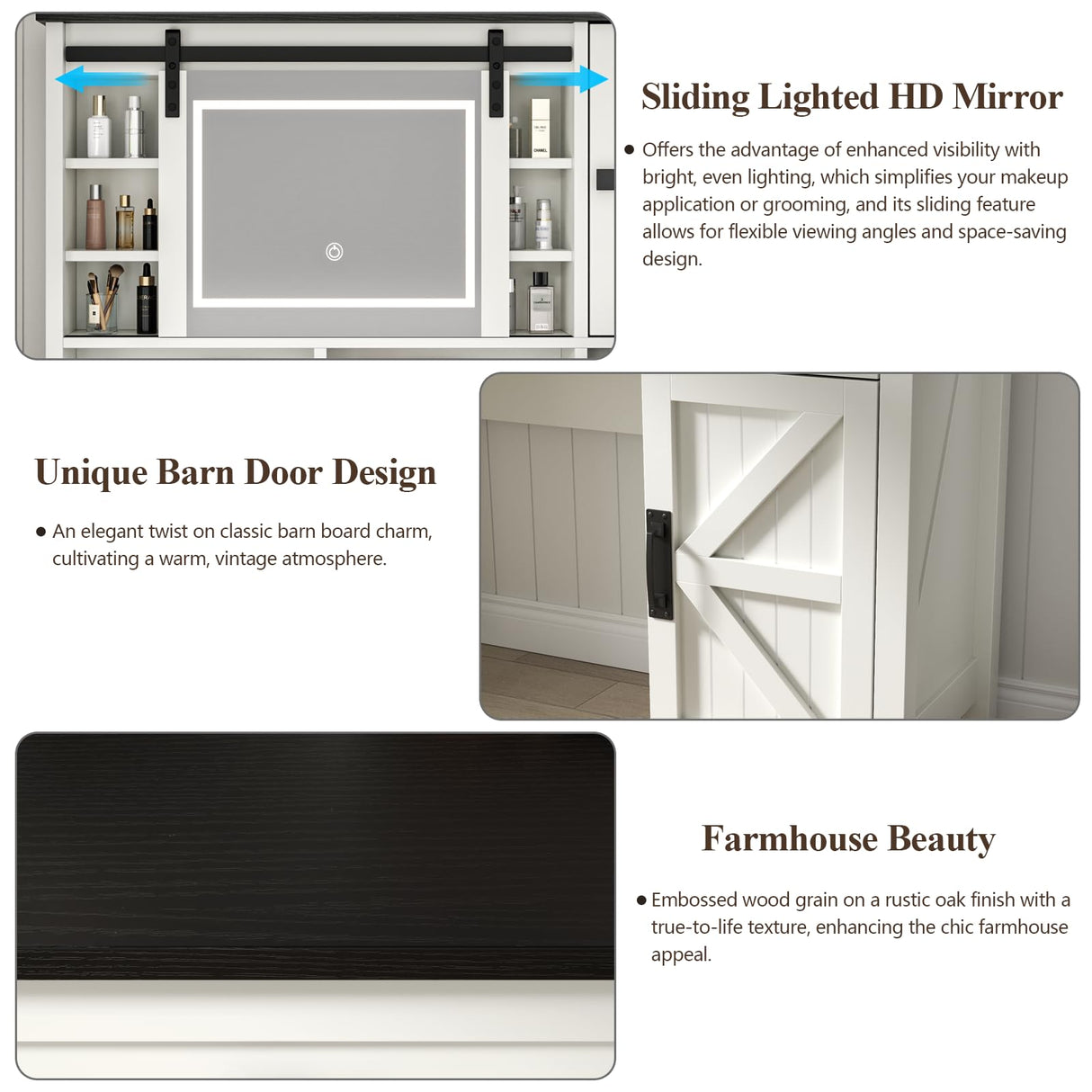 Gyfimoie Farmhouse Makeup Vanity Desk with Sliding Mirror and Lights, 42" White Vanity Set with Charging Station & 2 Drawers & 2 Cabinets, Dressing Table for Bedroom (White) Gyfimoie